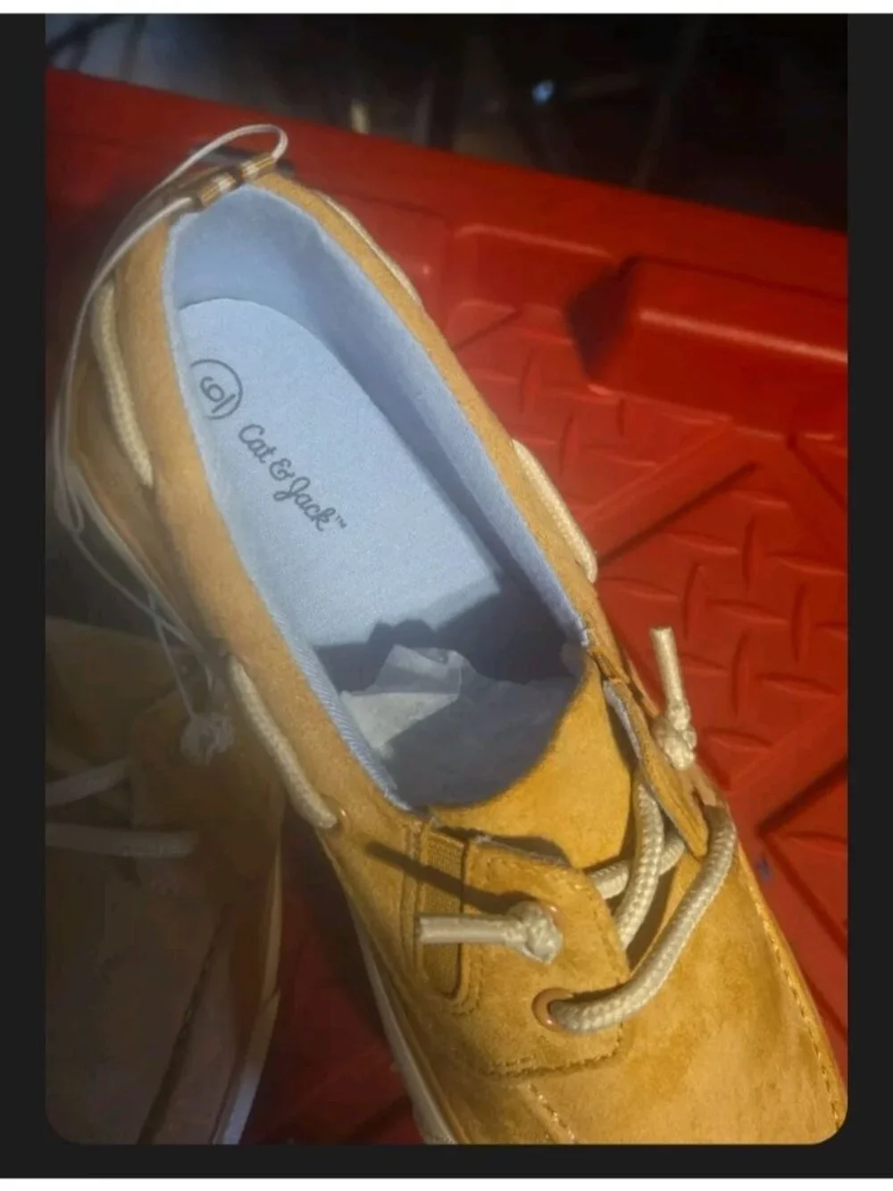 Cat & Jack Boys Tan Suede Boat Shoes Size 6 With White Rubber Sole